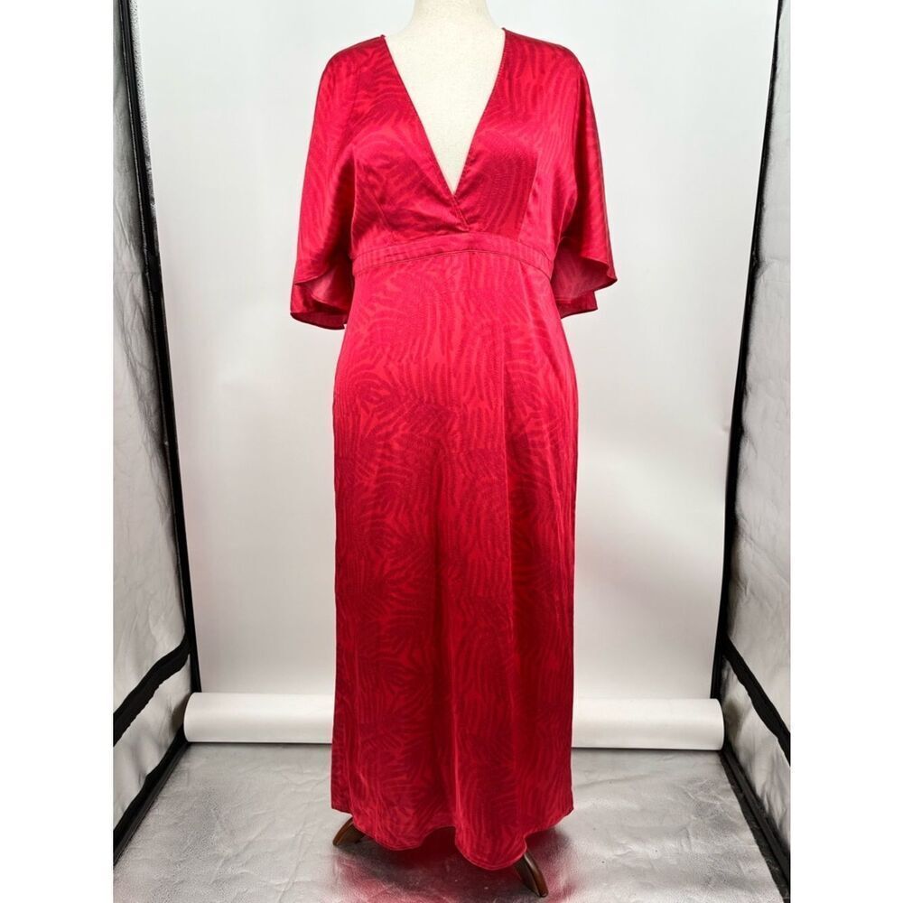 FE Noel Target Elegant Red Satin V-Neck Maxi Dress, subtle pattern